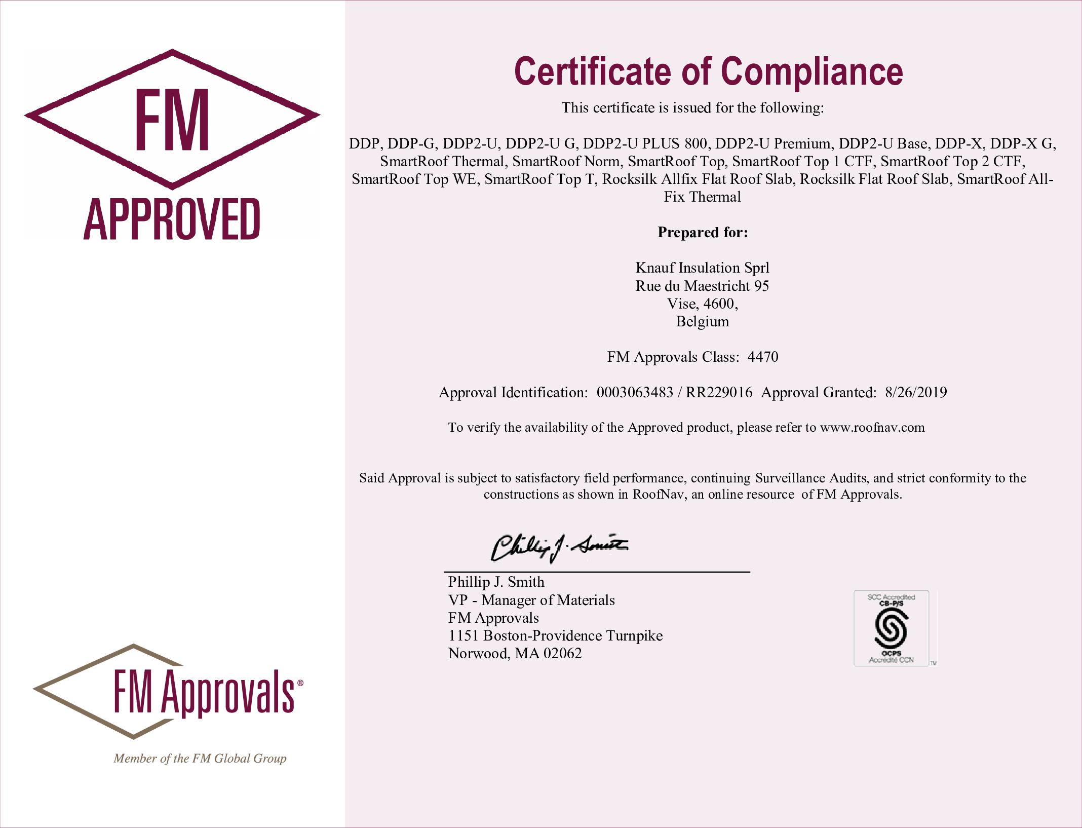 FM Approval - Certificate of Compliance