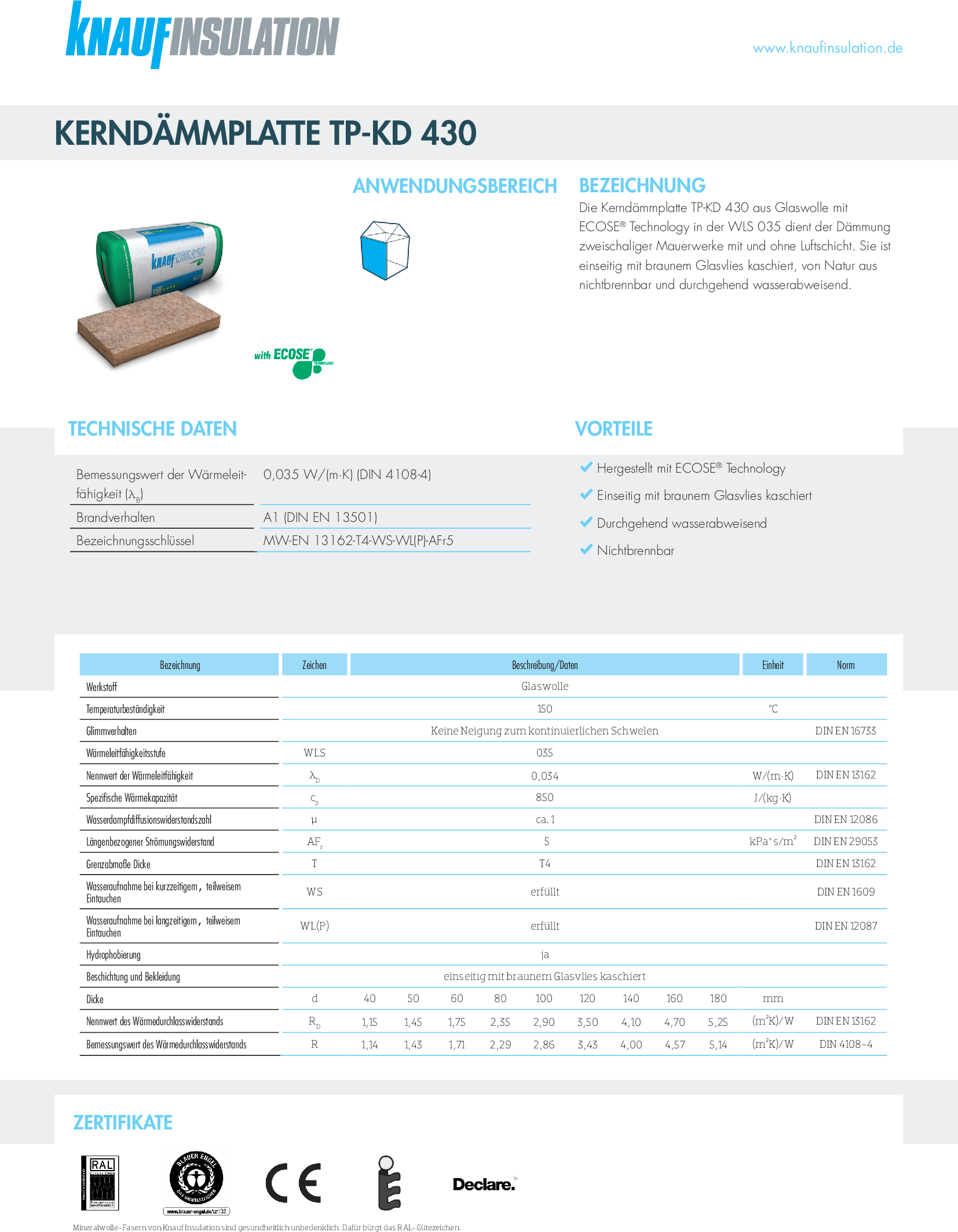 Datenblatt Knauf Insulation Kerndämmplatte TP-KD 430