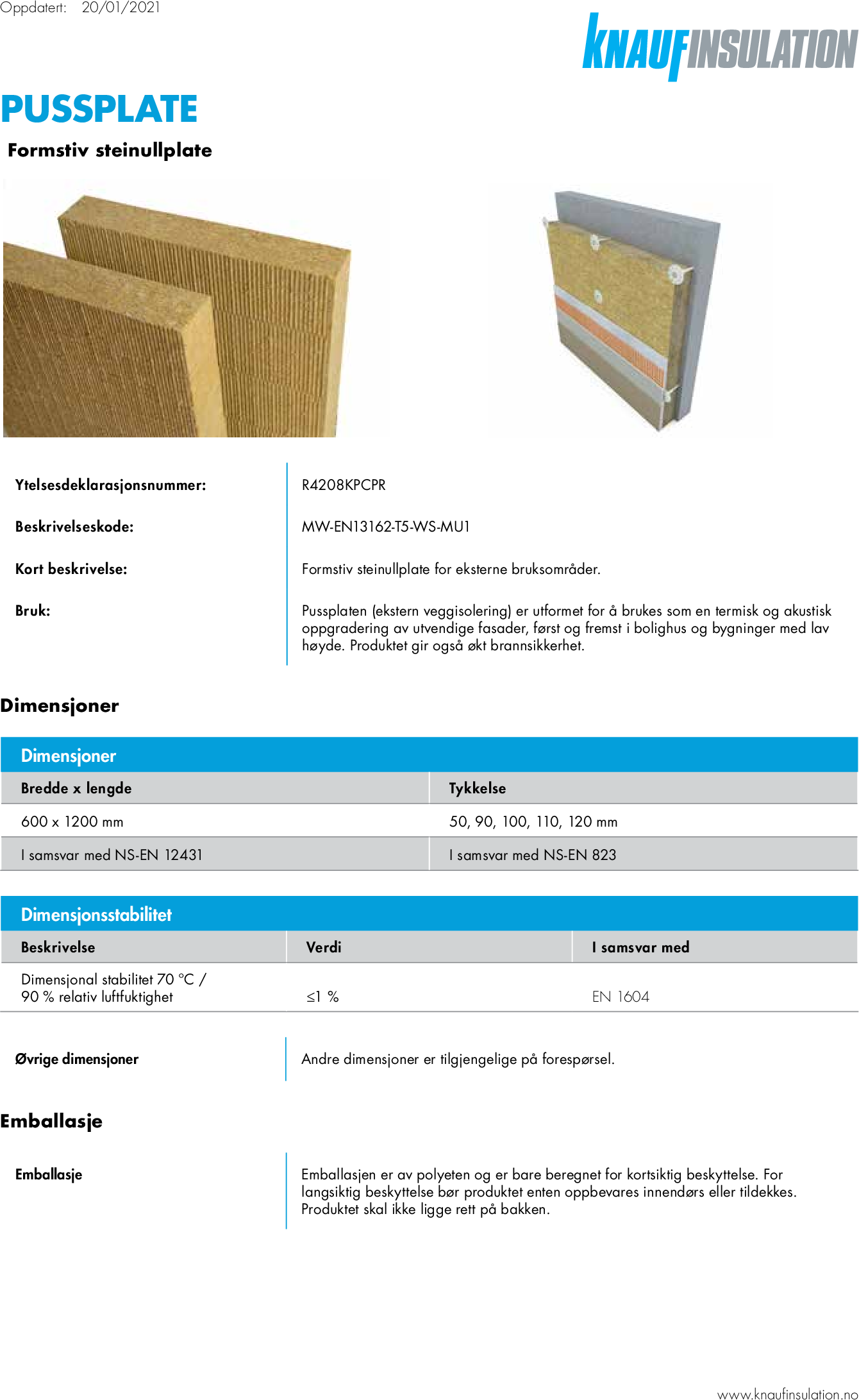 Knauf Insulation Pussplate - Datasheet