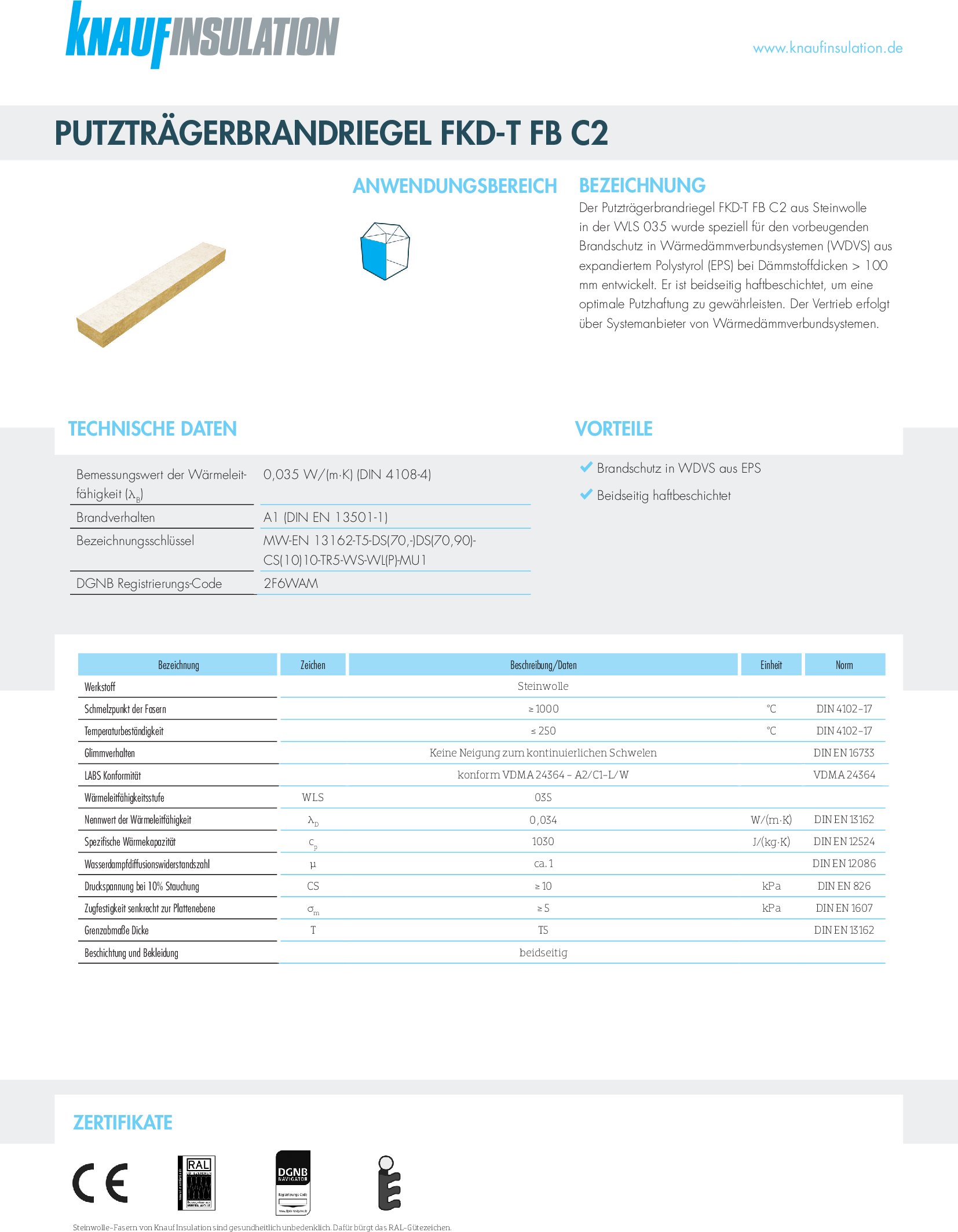 Datenblatt Knauf Insulation Putzträgerbrandriegel FKD-T FB C2