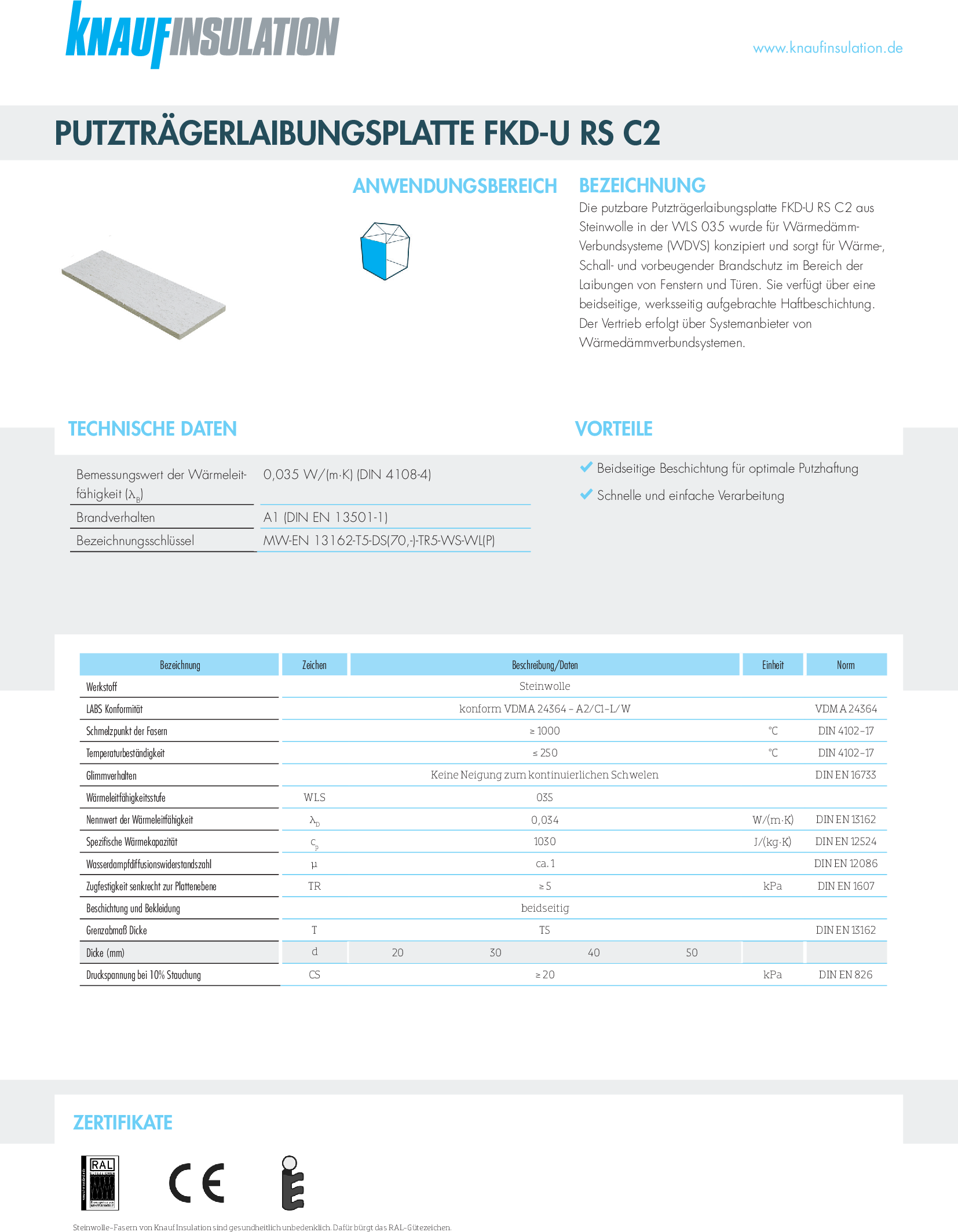 Datenblatt Knauf Insulation Putzträgerlaibungsplatte FKD-U RS C2