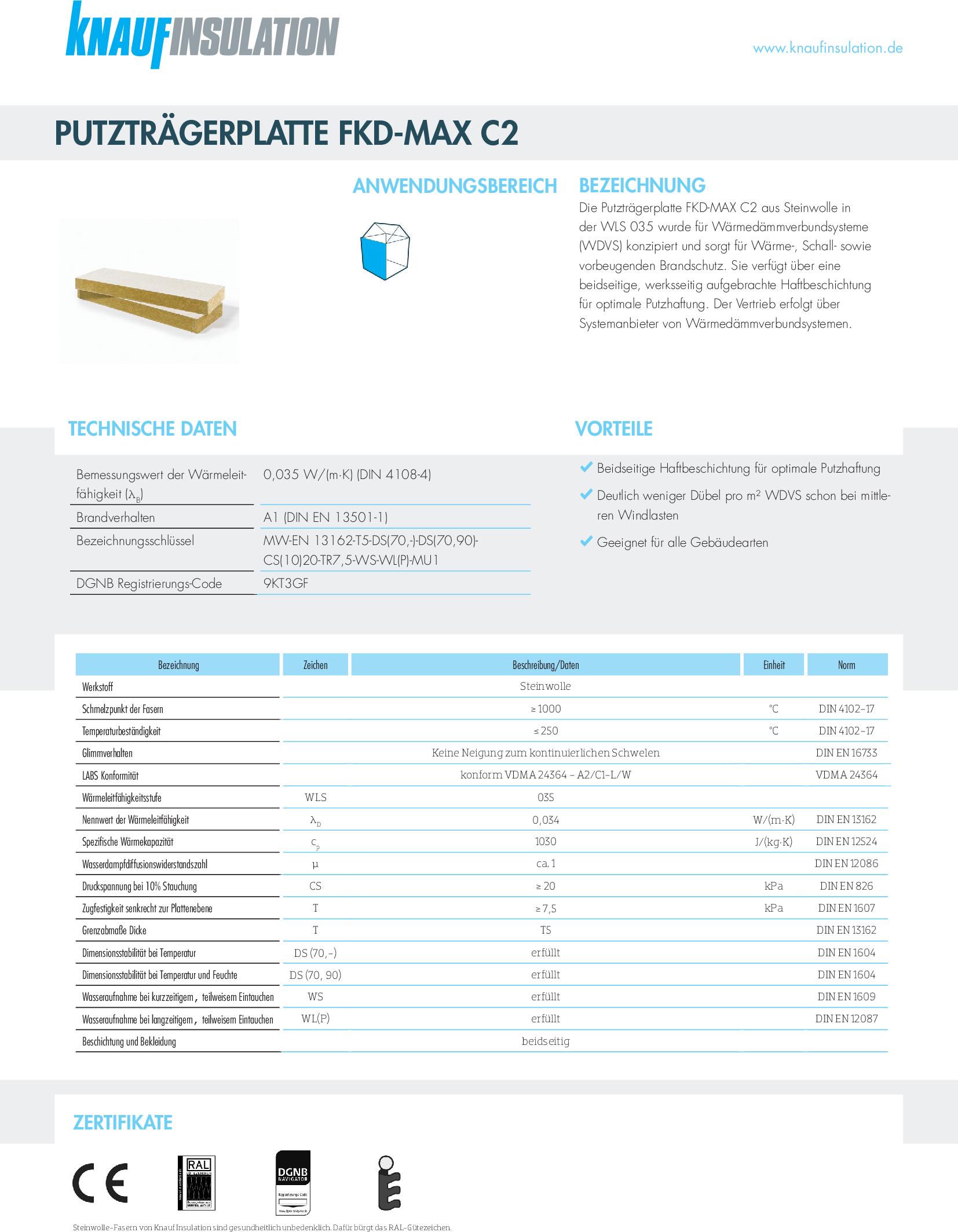 Datenblatt Knauf Insulation Putzträgerplatte FKD-MAX C2