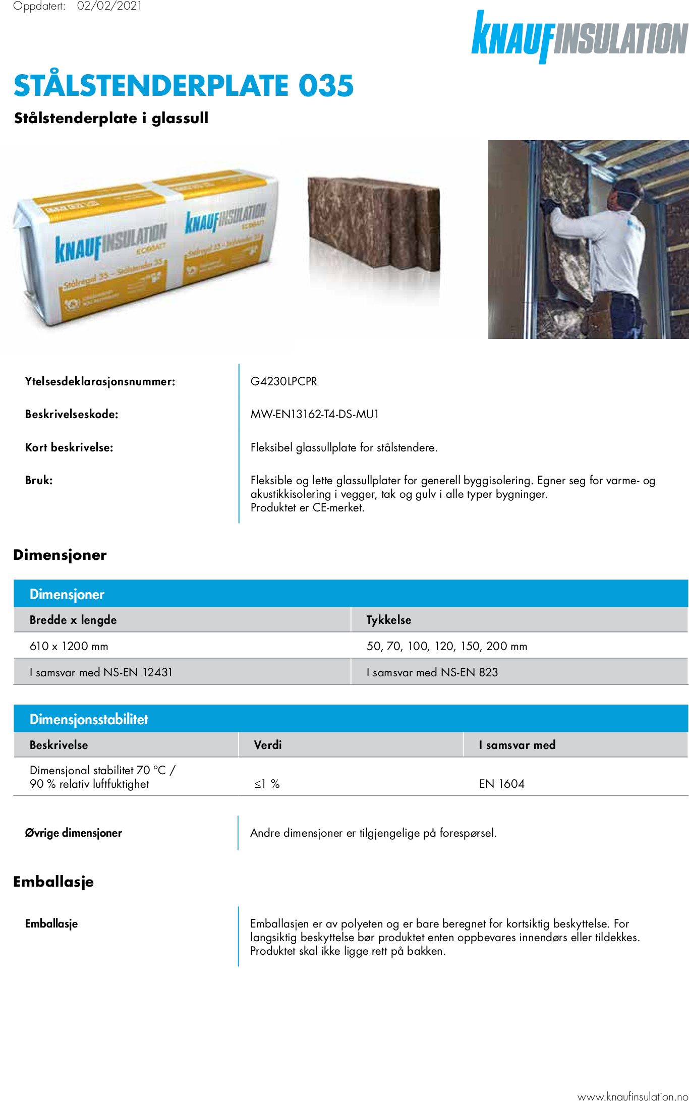 Knauf Insulation Stalstenderplate 035 - Datasheet