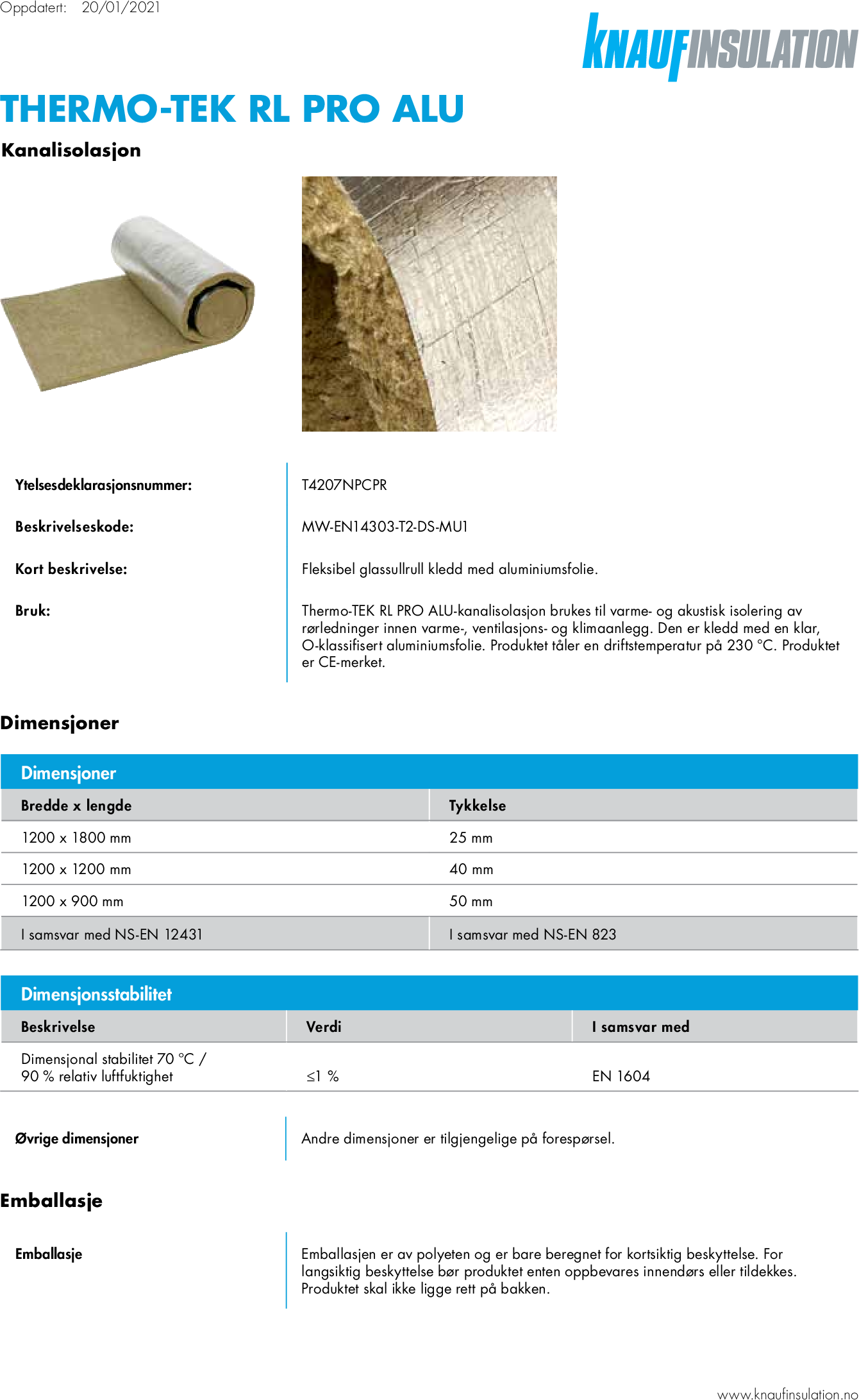 Knauf Insulation Thermo-teK RL Pro Alu - Datasheet