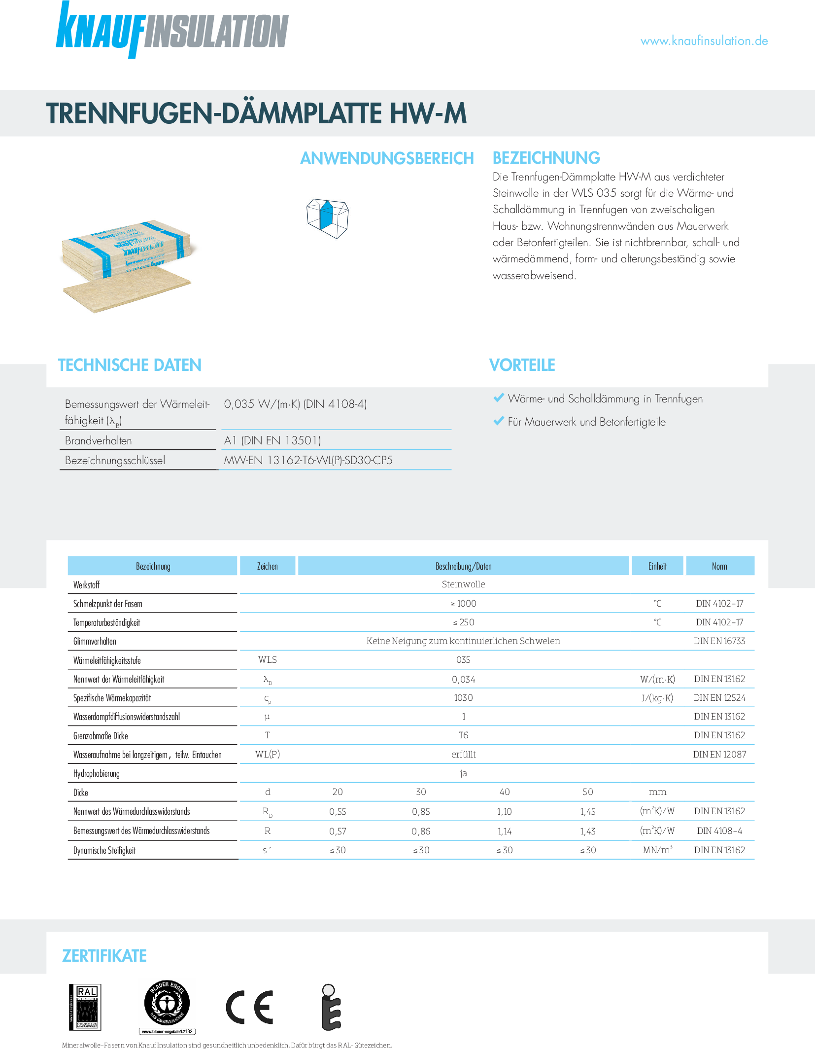 Datenblatt Knauf Insulation Trennfugen-Dämmplatte HW-M