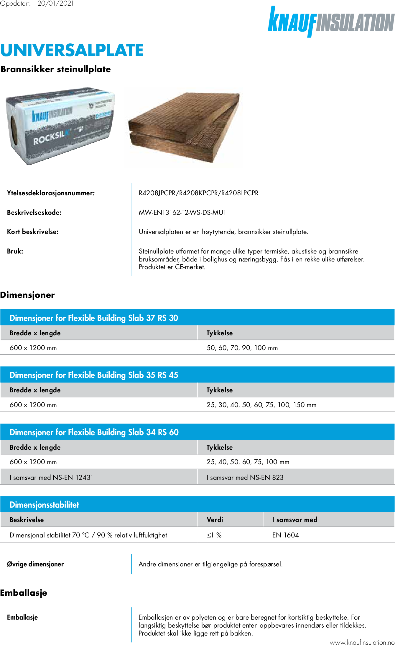 Knauf Insulation Universalplate - Datasheet