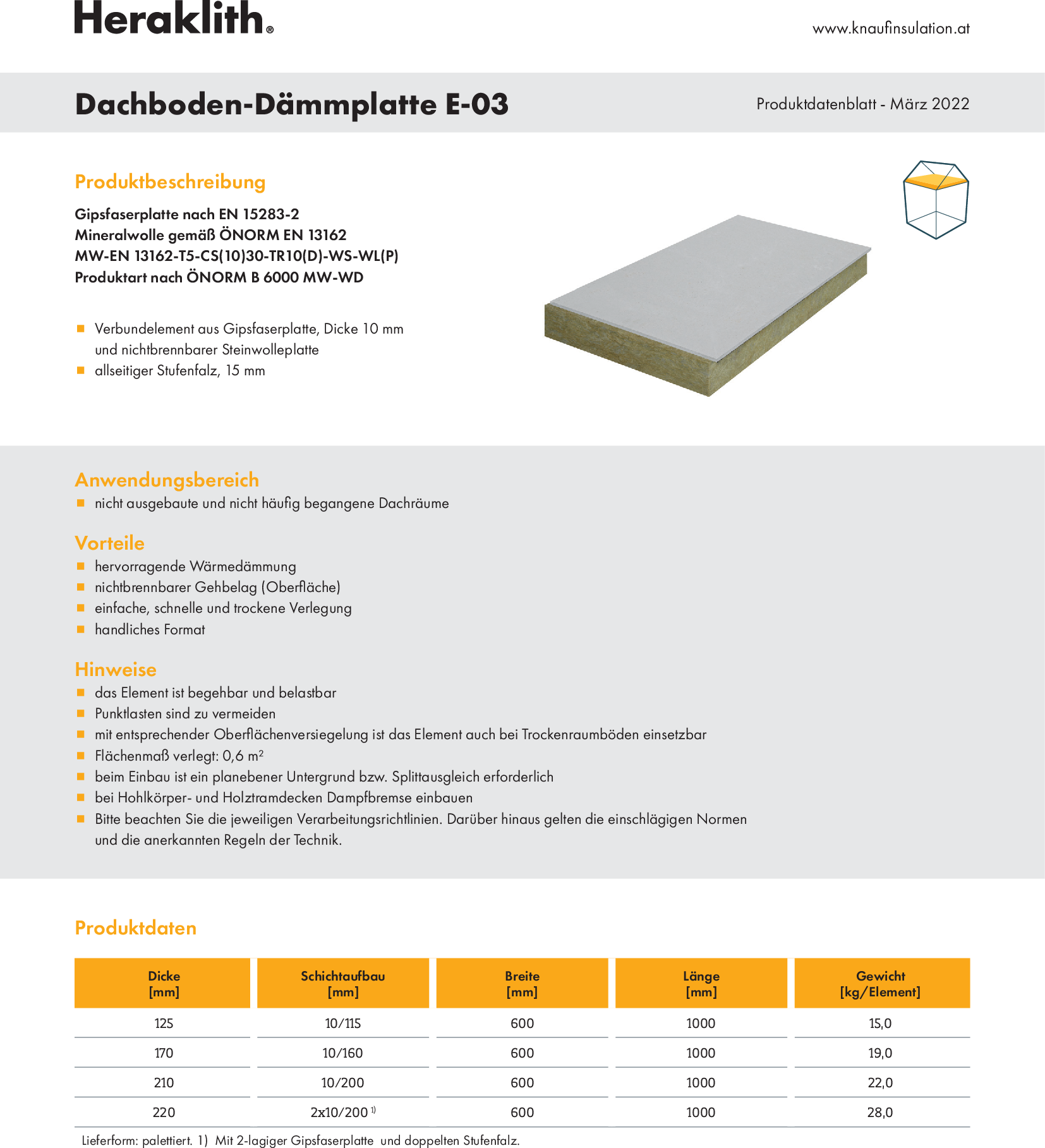 Dachboden-Dämmplatte E-03, Produktdatenblatt