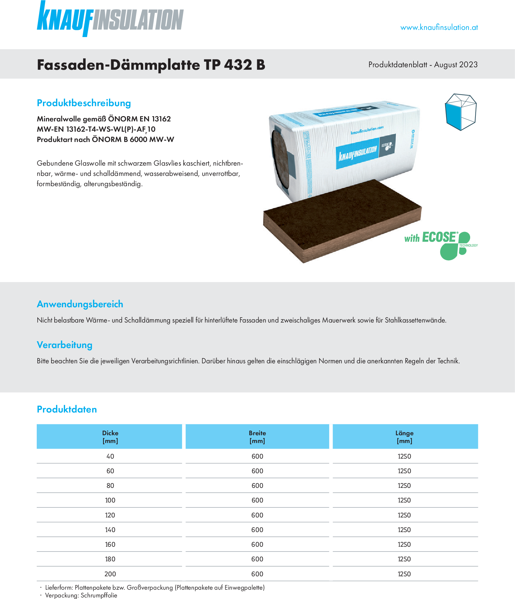 Fassaden-Dämmplatte TP 432 B, Produktdatenblatt