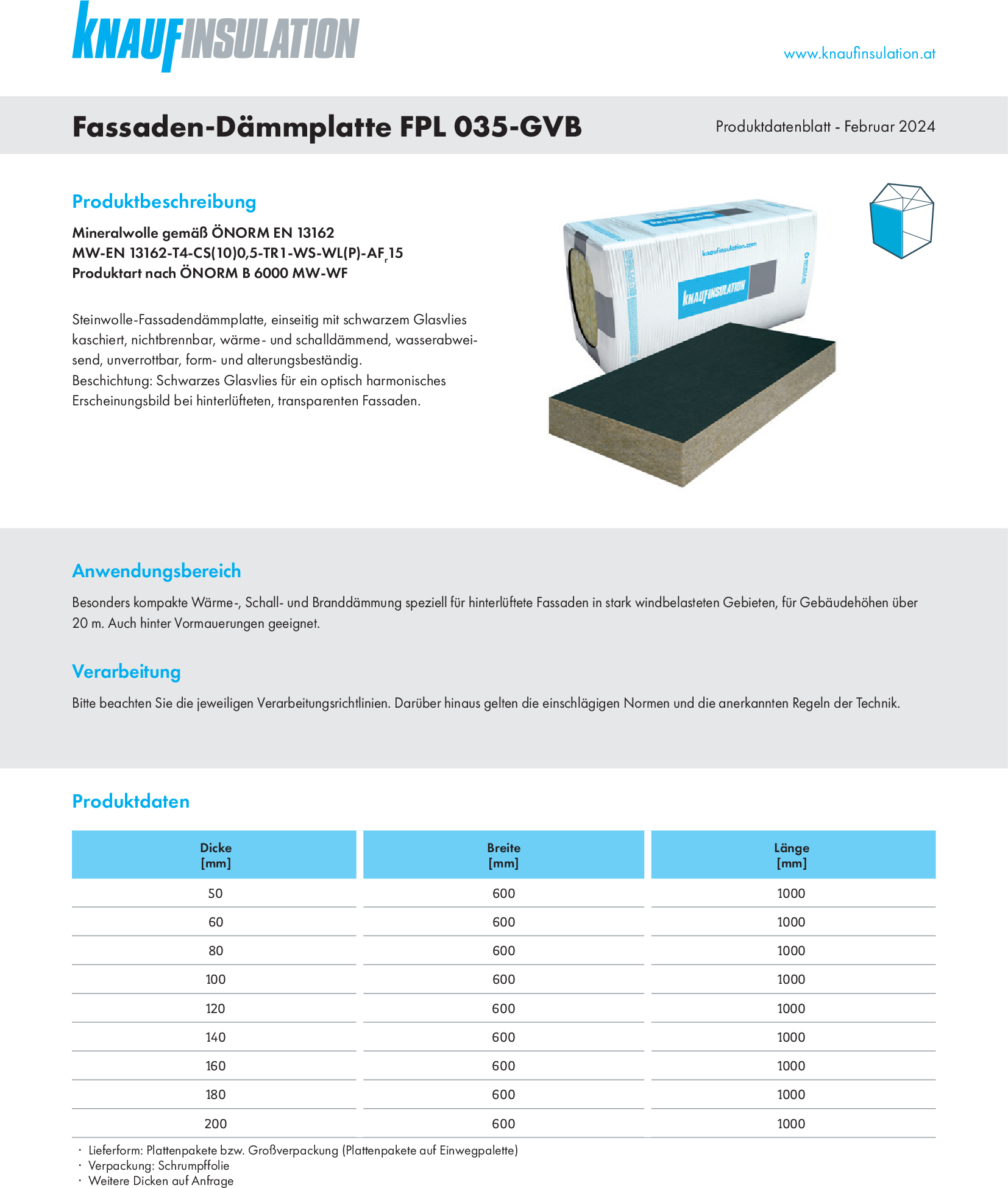 Fassaden-Dämmplatte FPL 035-GVB, Produktdatenblatt