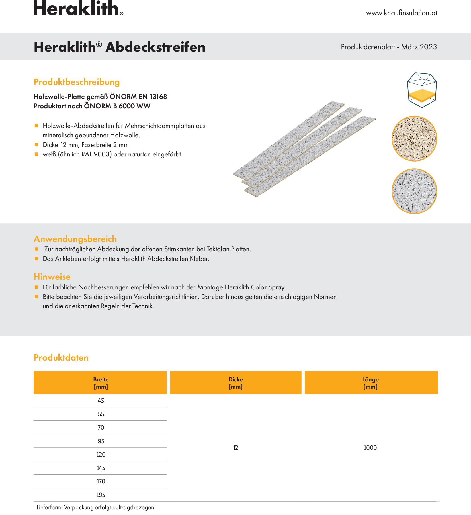 Heraklith Abdeckstreifen, Produktdatenblatt