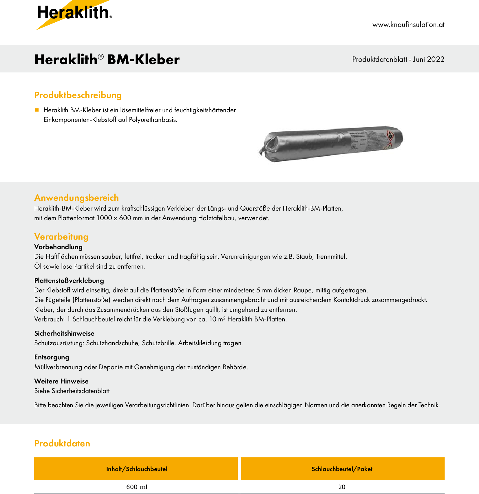 Heraklith BM-Kleber, Produktdatenblatt