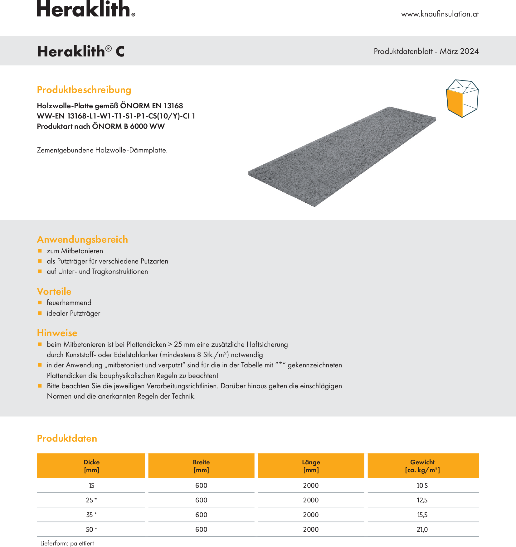 Heraklith C, Produktdatenblatt
