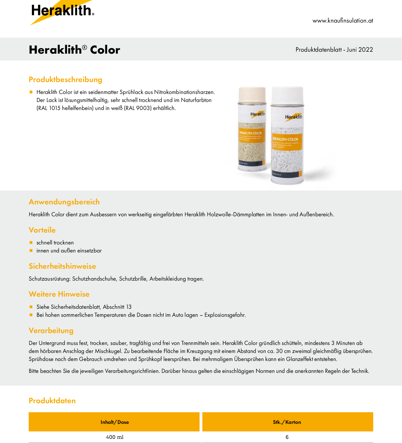 Heraklith Color, Produktdatenblatt