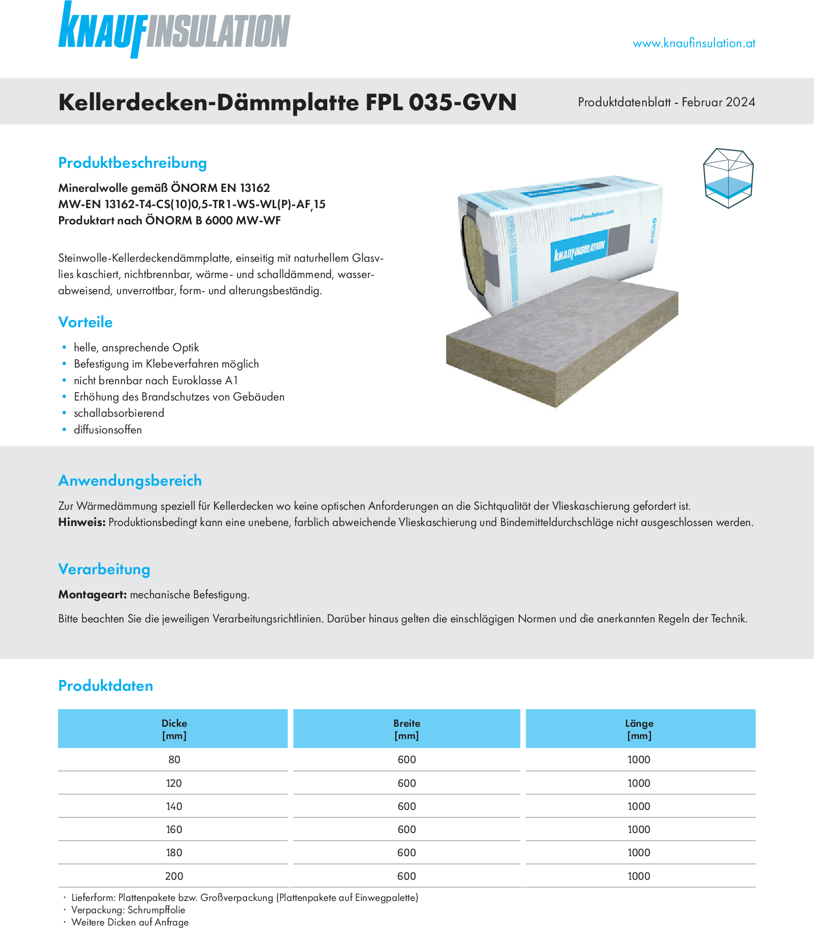 Kellerdecken-Dämmplatte FPL 035-GVN, Produktdatenblatt
