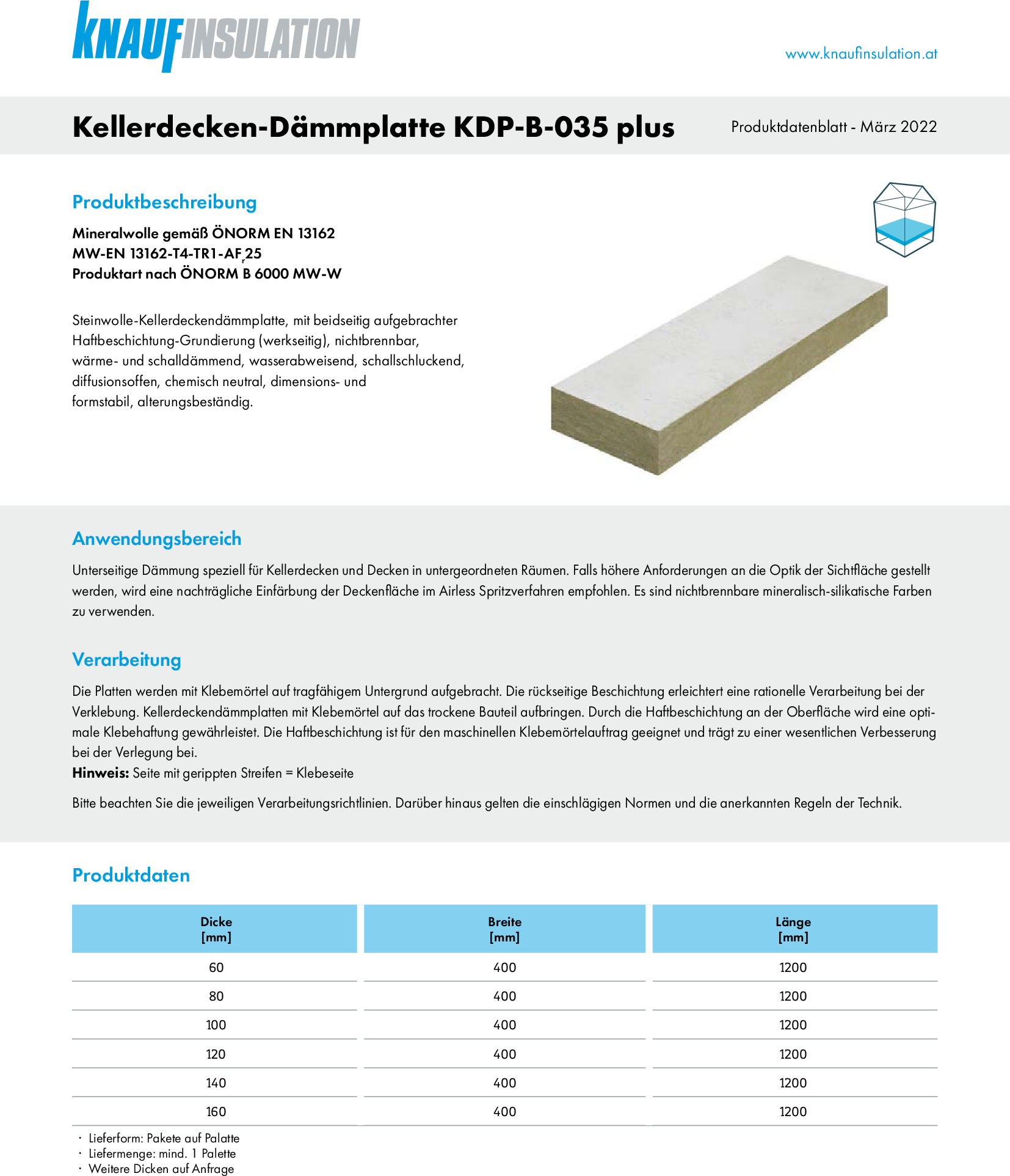 Kellerdeckendämmplatte KDP-B-035 plus, Produktdatenblatt