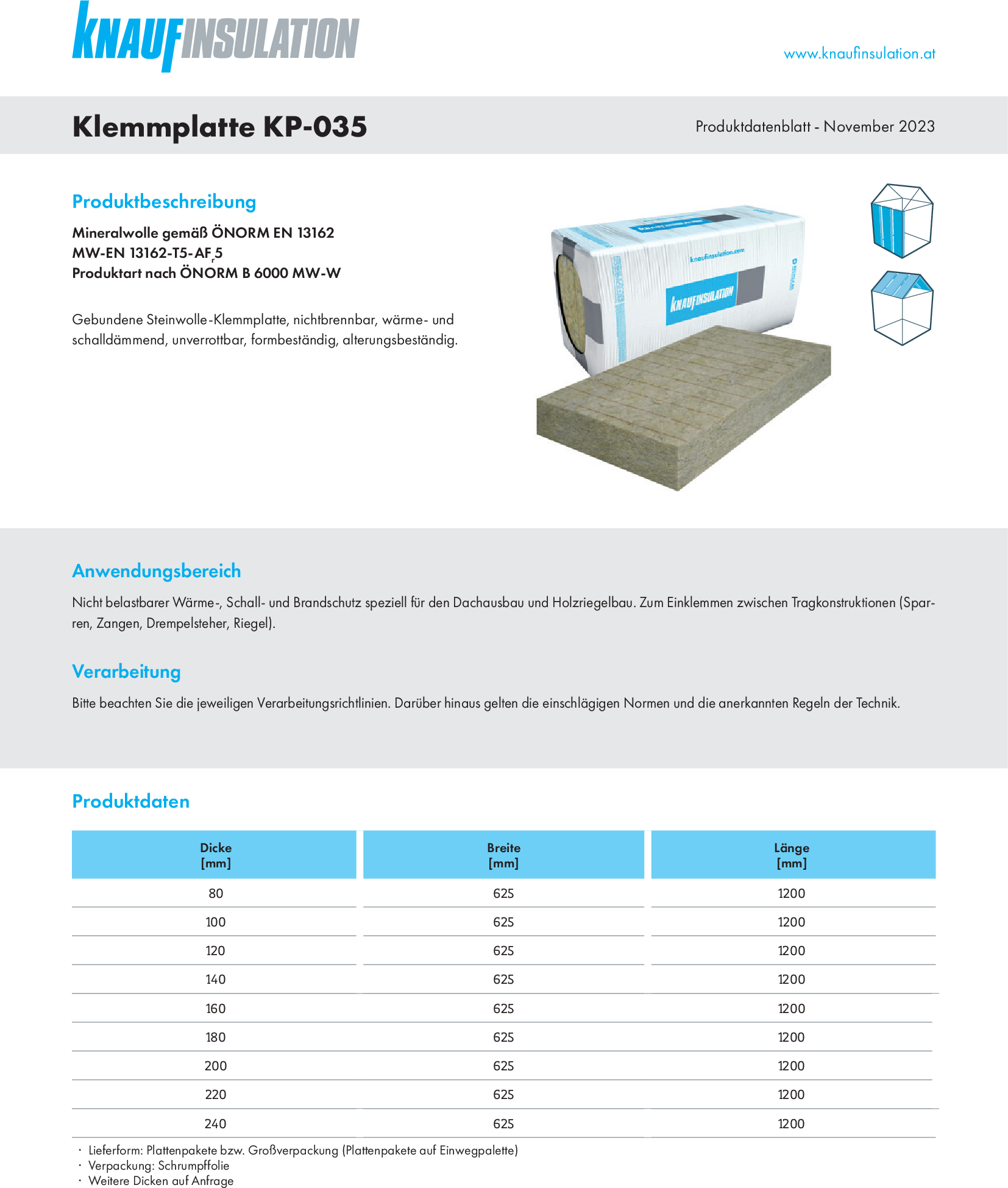 Klemmplatte KP-035, Produktdatenblatt