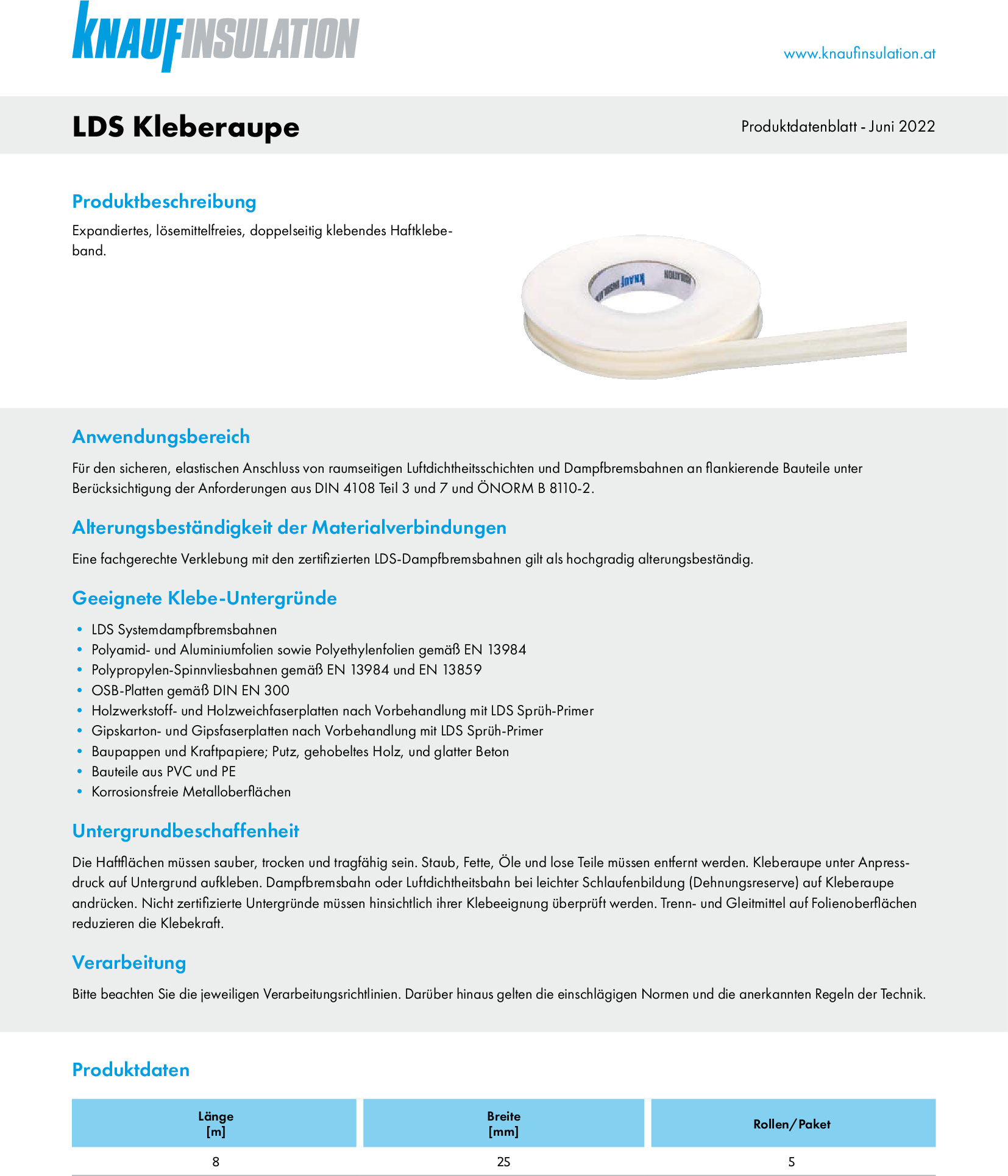 LDS Kleberaupe, Produktdatenblatt