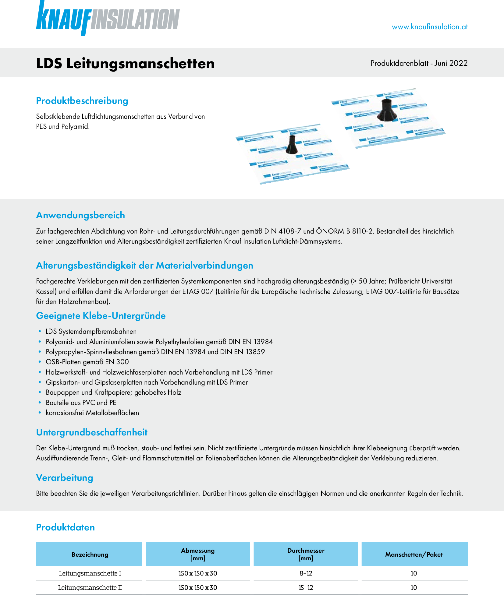 LDS Leitungsmanschetten, Produktdatenblatt