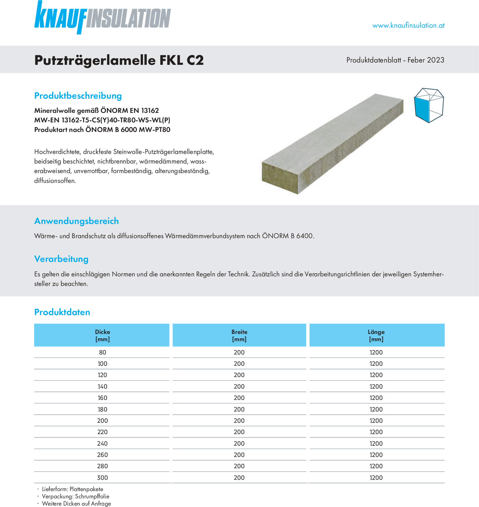 Putzträgerlamelle FKL-C2, Produktdatenblatt