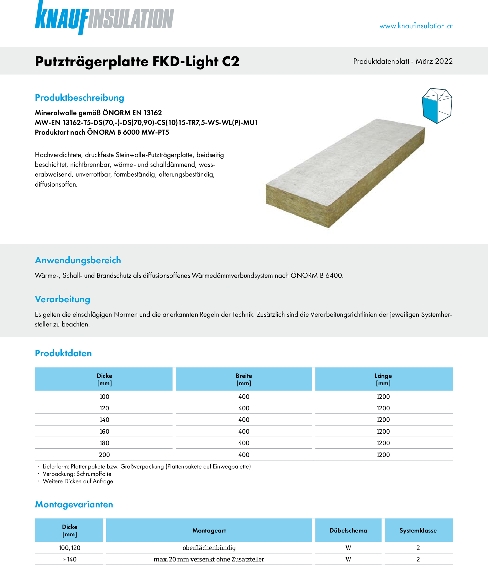 Putzträgerplatte FKD-Light C2, Produktdatenblatt