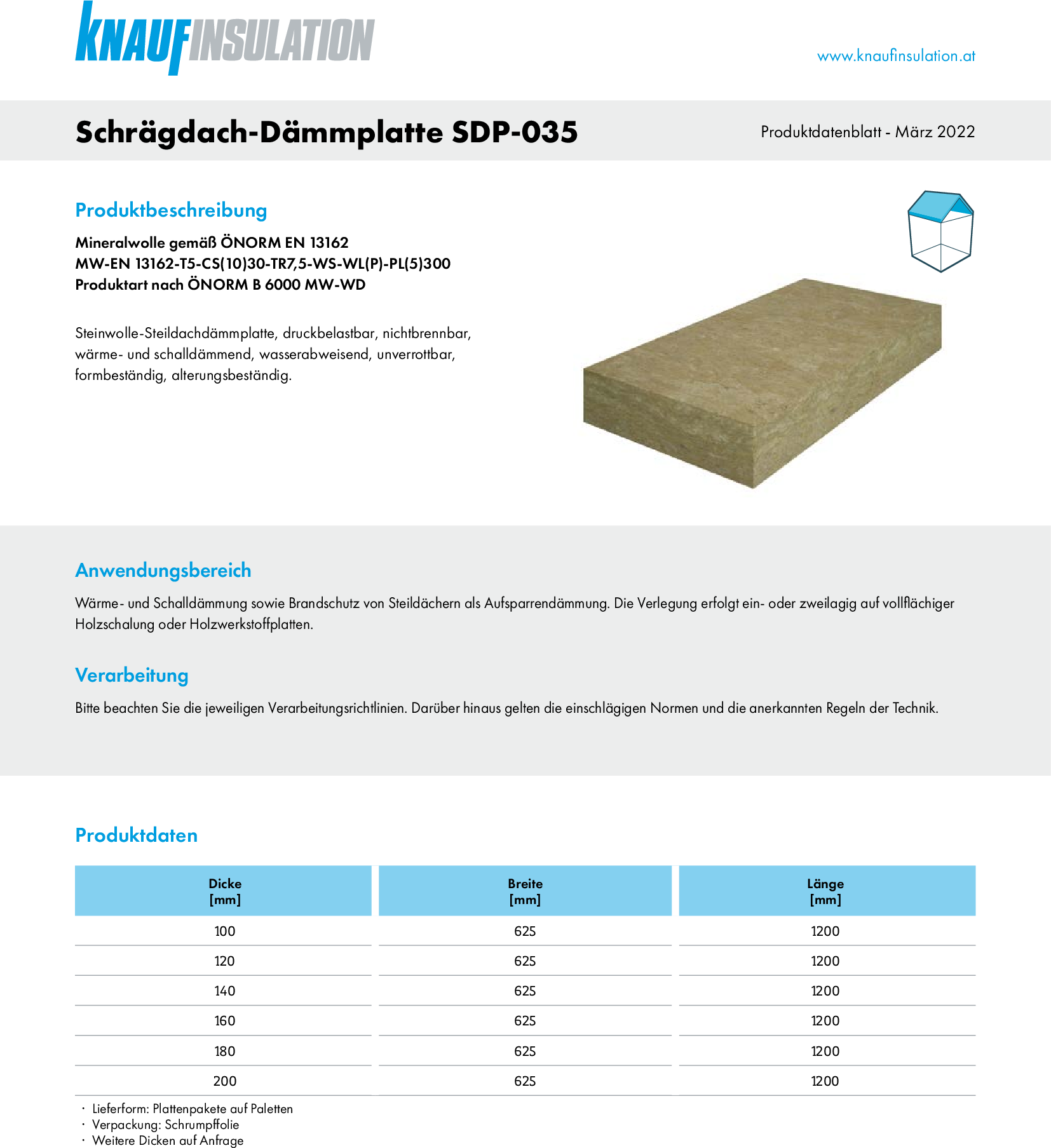 Schrägdach-Dämmplatte SDP-035, Produktdatenblatt