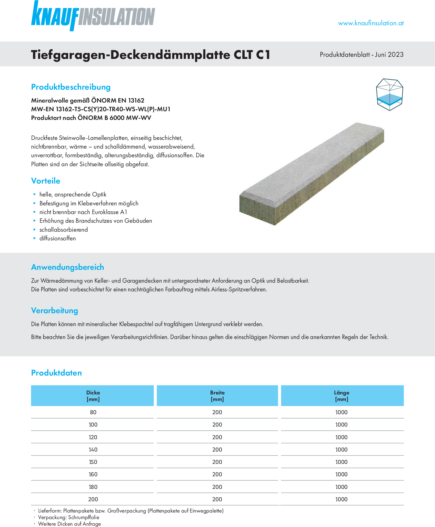 Tiefgaragen-Deckendämmplatte CLT C1, Produktdatenblatt