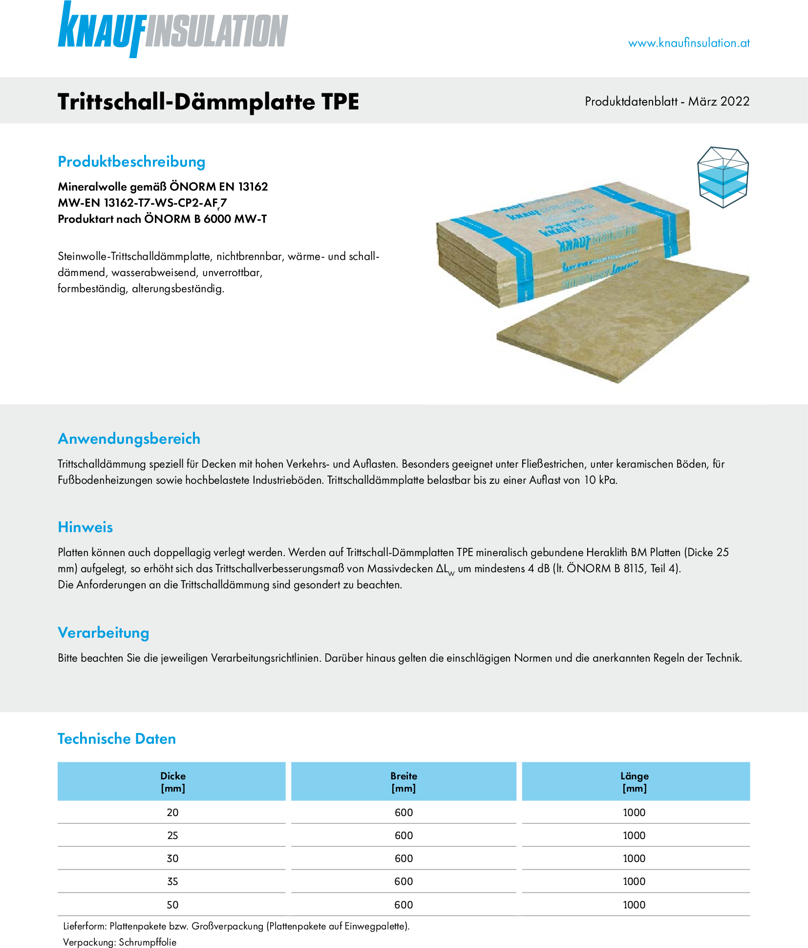 Trittschall-Dämmplatte TPE, Produktdatenblatt