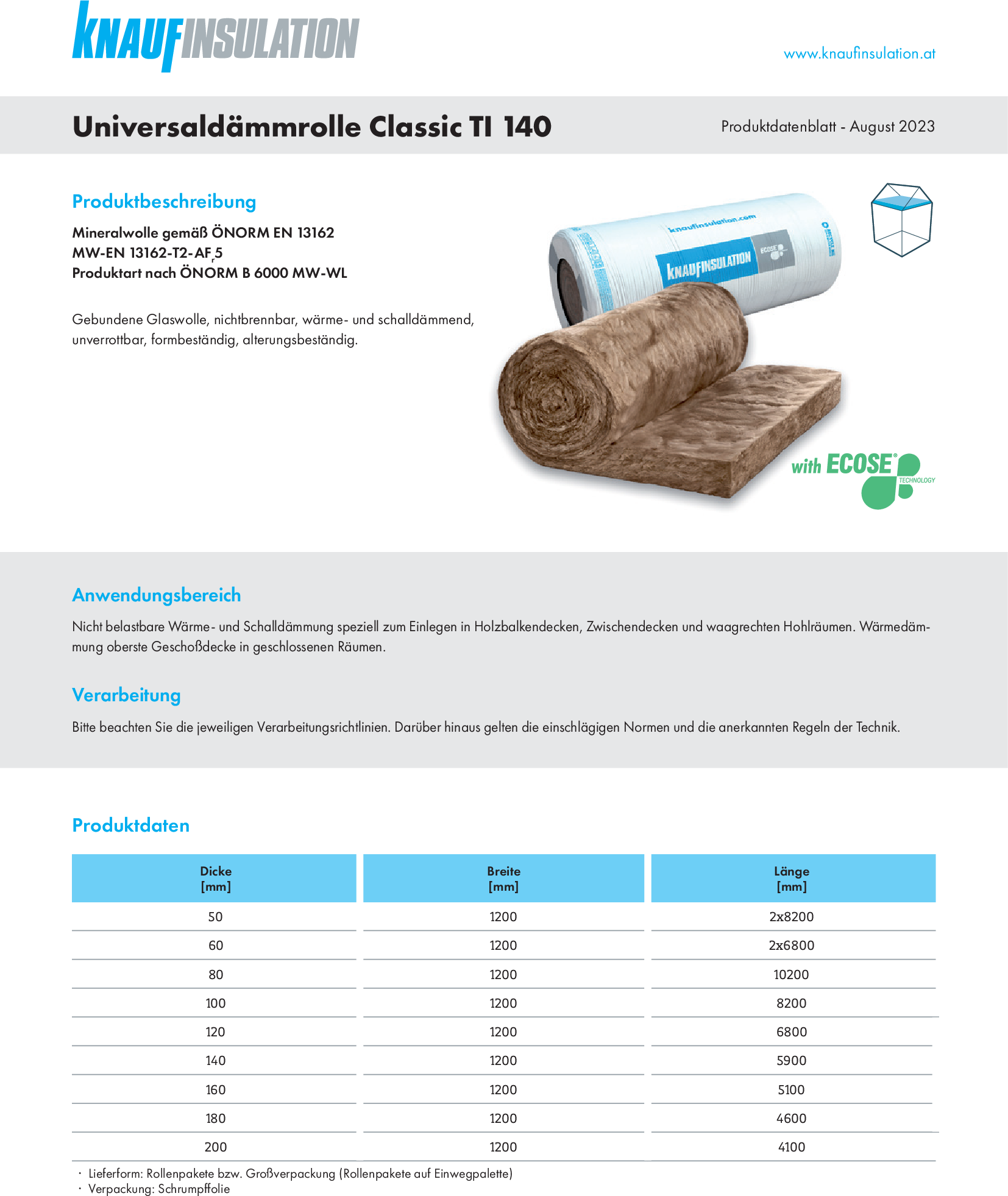 Universaldämmrolle Classic TI 140, Produktdatenblatt