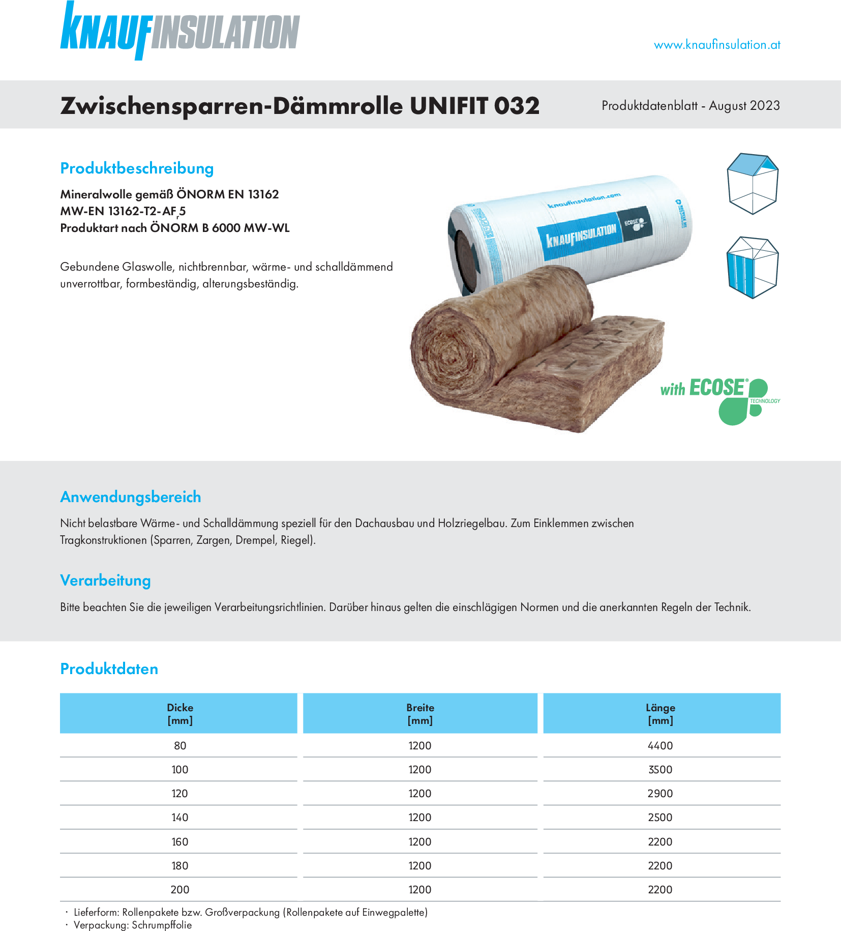 Zwischensparren-Dämmrolle UNIFIT 032, Produktdatenblatt