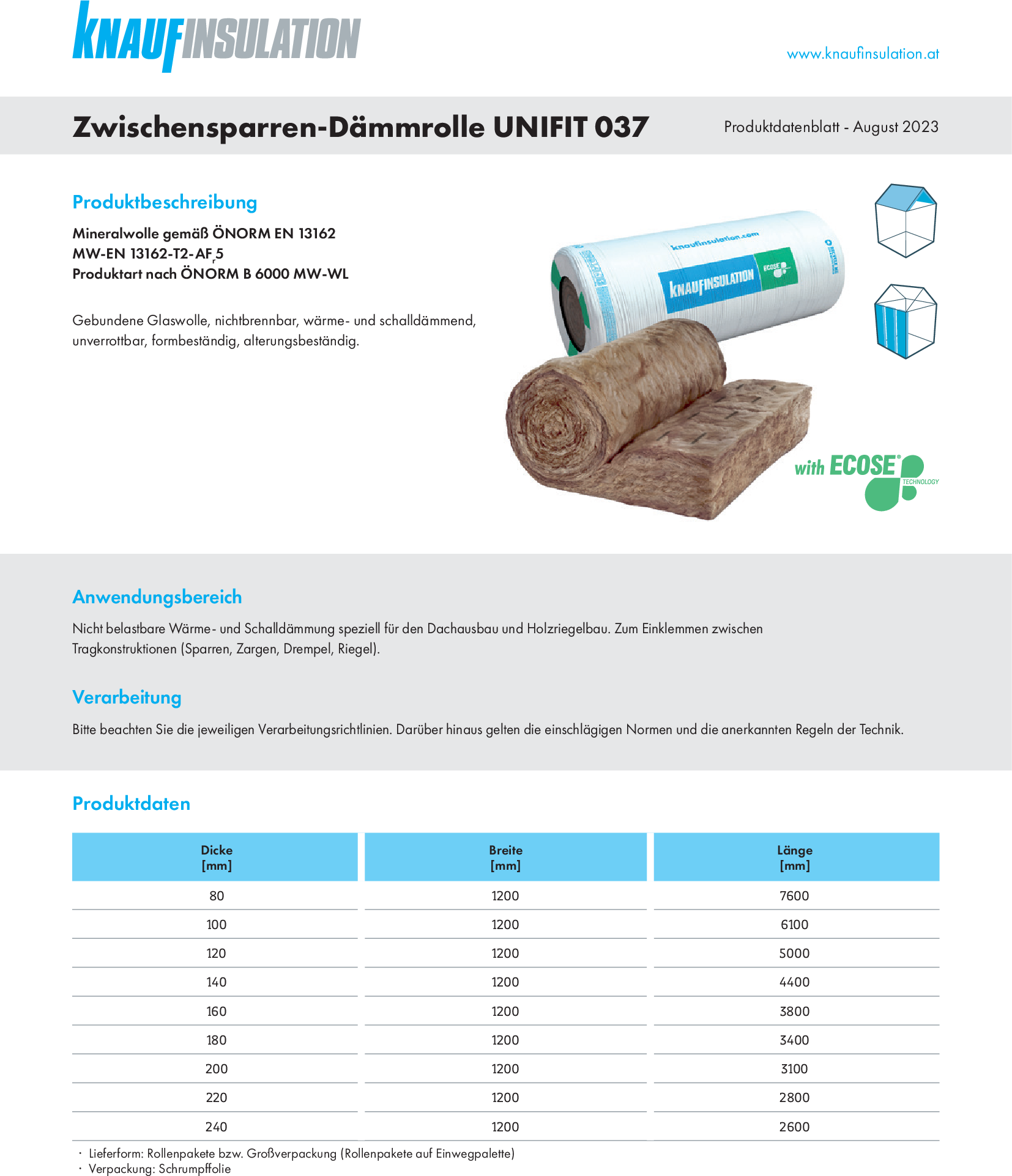 Zwischensparren-Dämmrolle UNIFIT 037, Produktdatenblatt