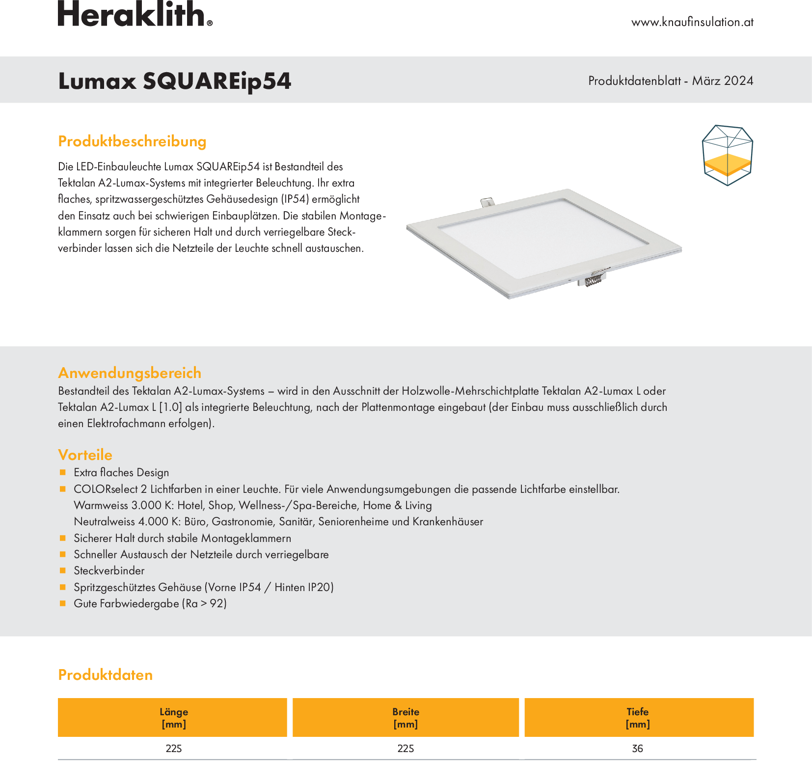 SQUAREip54 - LED-Einbaupanel, Produktdatenblatt