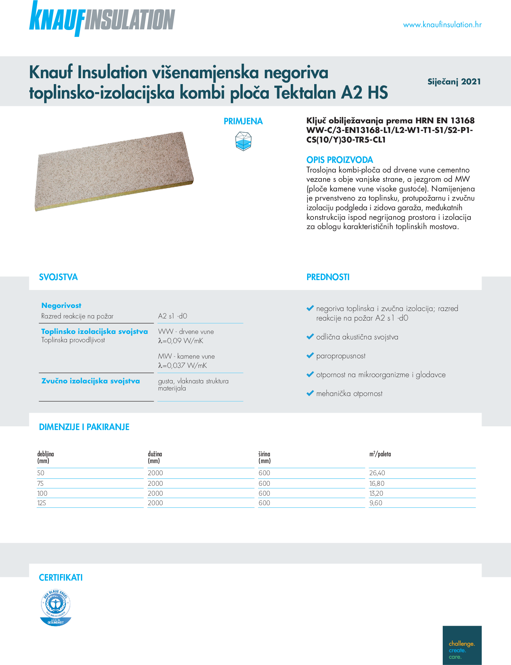Knauf Insulation višenamjenska negoriva toplinsko-izolacijska kombi ploča Tektalan A2 HS
