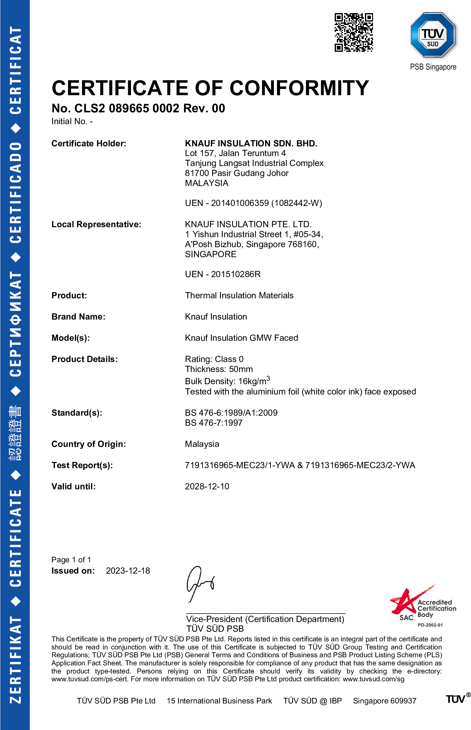 Faced Glasswool – Certificate of Conformity – 16kg/m3_50mm_ BS476-Part 6 & 7